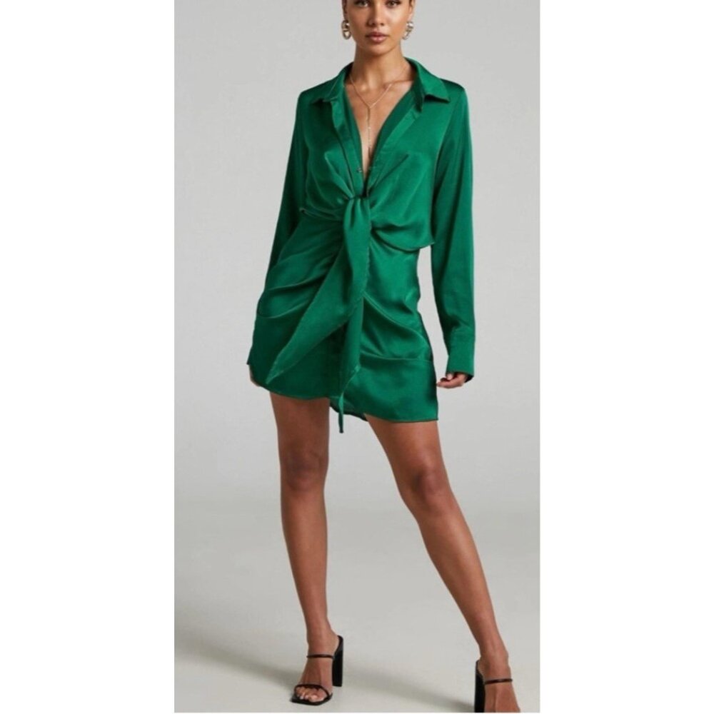 Spring + Mercer Dress Large Emerald Green Long Sleeve Tie Front Cut Out NEW